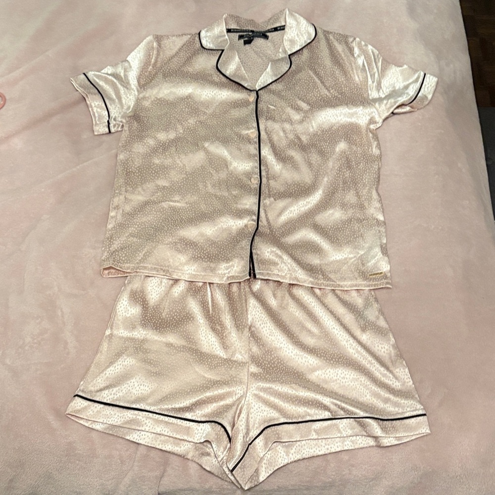 BCBGMaxAzria Satin Cream Pajama Set with Black Trim